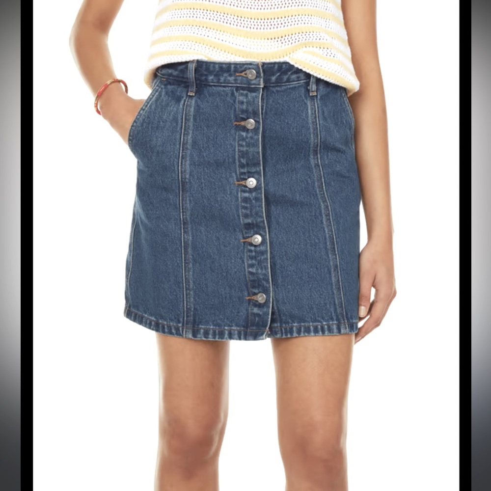 Divided denim skirt - medium blue a-line full button front 100% cotton